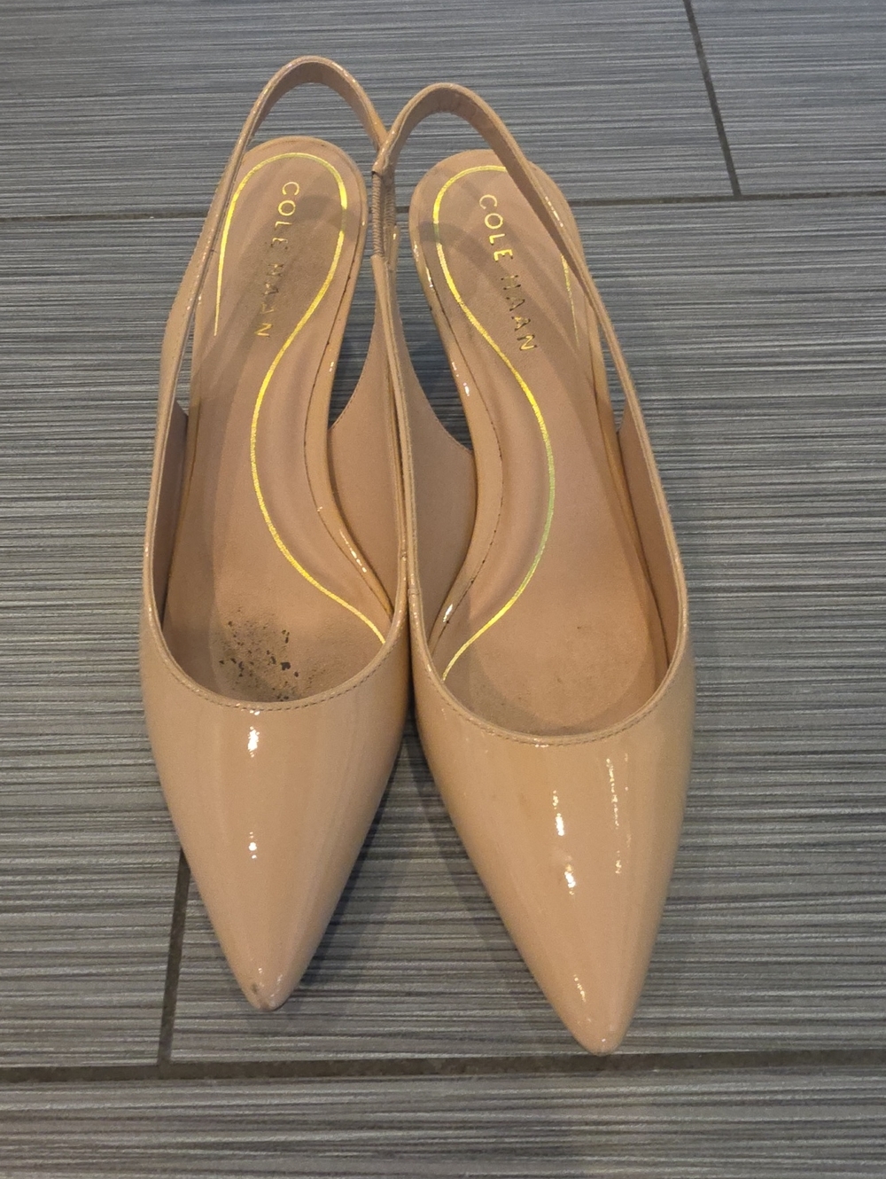 Cole Haan Beige Patent Pointed Slingback Flats